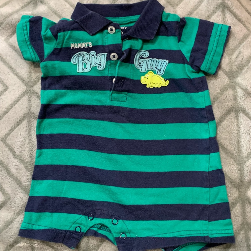 Green and blue striped polo onesie